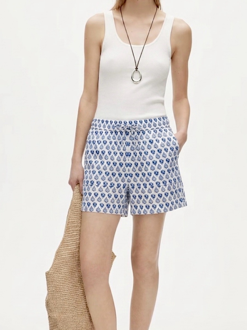 J CREW WOMEN XL BLUE WHITE BOHO FLORAL LINEN BLEND ELASTIC WAIST SHORTS POCKETS
